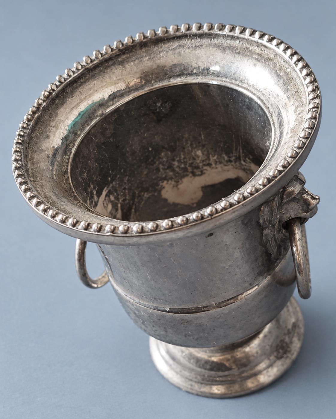 Vintage Silver-Plated Miniature Champagne Bucket with Lion Head Ring Handles, Small Toothpick or Bud Vase Holder, Barware Decor