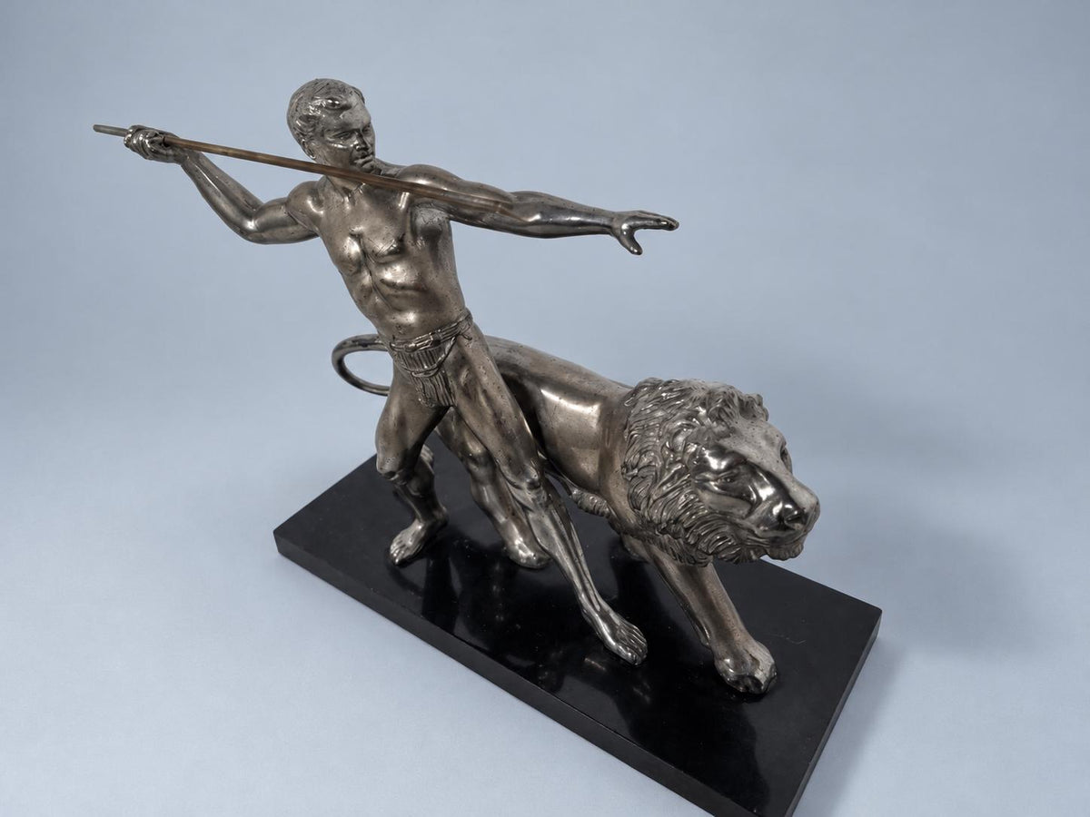 Vintage Art Deco Silver-Tone Metal Warrior with Spear and Lion Sculpture on Black Marble Base, Hunter and Lion Statue, Mantel Decor
