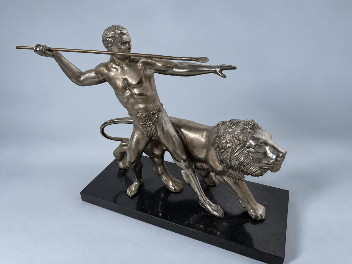 Vintage Art Deco Silver-Tone Metal Warrior with Spear and Lion Sculpture on Black Marble Base, Hunter and Lion Statue, Mantel Decor
