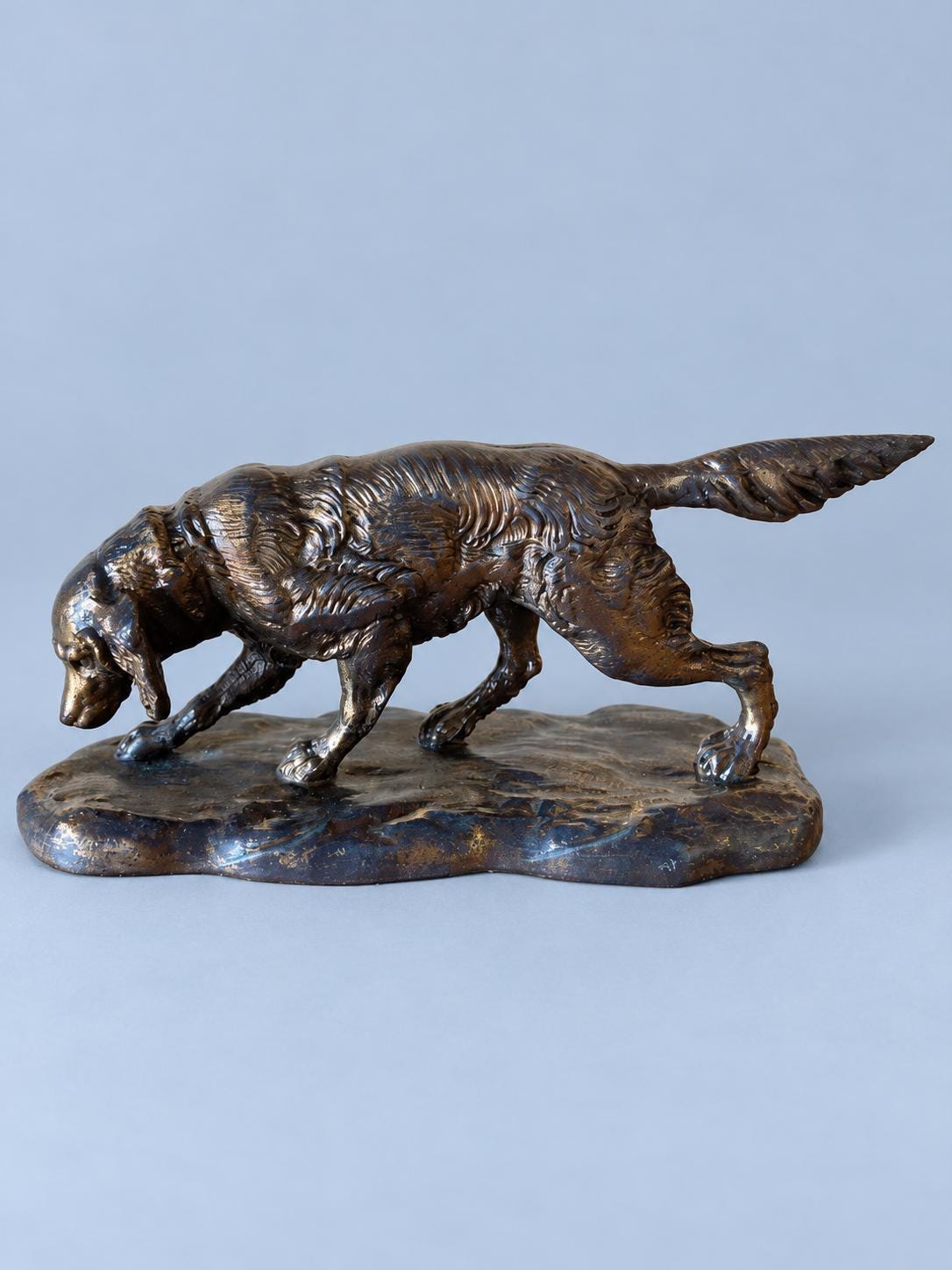 Vintage French Spelter Spaniel Dog Sculpture with Gilt Patina, Hunting Setter on Naturalistic Base, Sporting Dog Mantel Decor