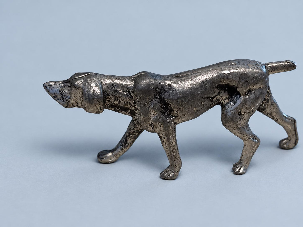 Vintage Miniature Silver-Tone Metal Pointer Dog Figurine, Small Hunting Dog Statue, Cabinet Curio or Desk Decor for Dog Lovers