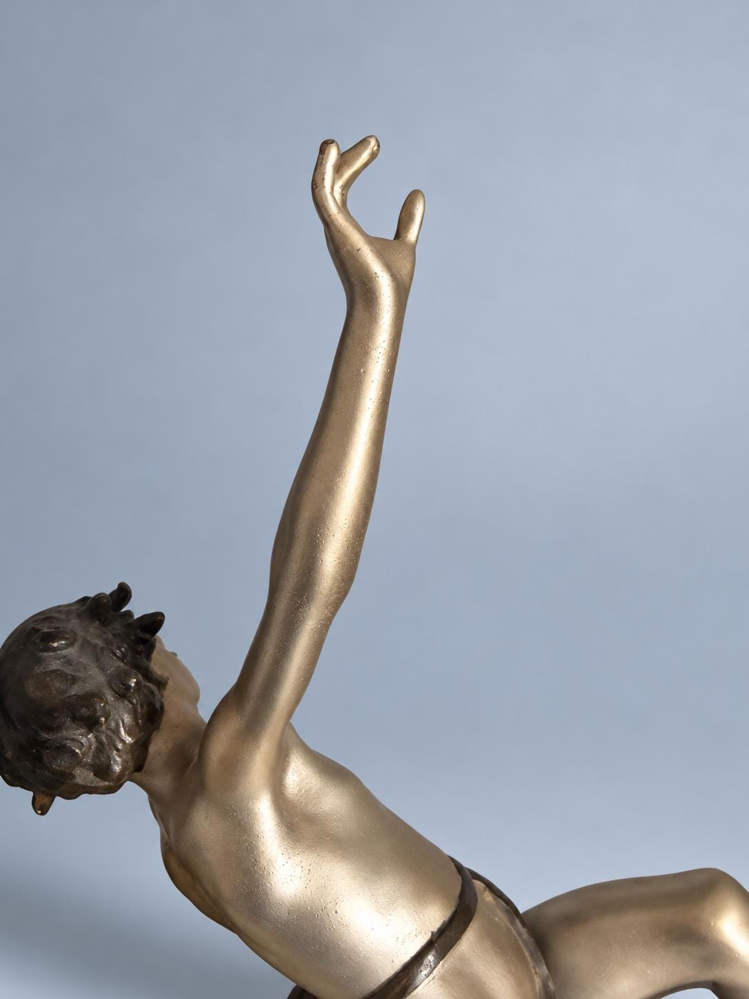 Vintage Art Deco Spelter Sculpture of Pan Playing Pipes with Leaping Goat, Silver and Gold Finish on Onyx and Black Marble Base