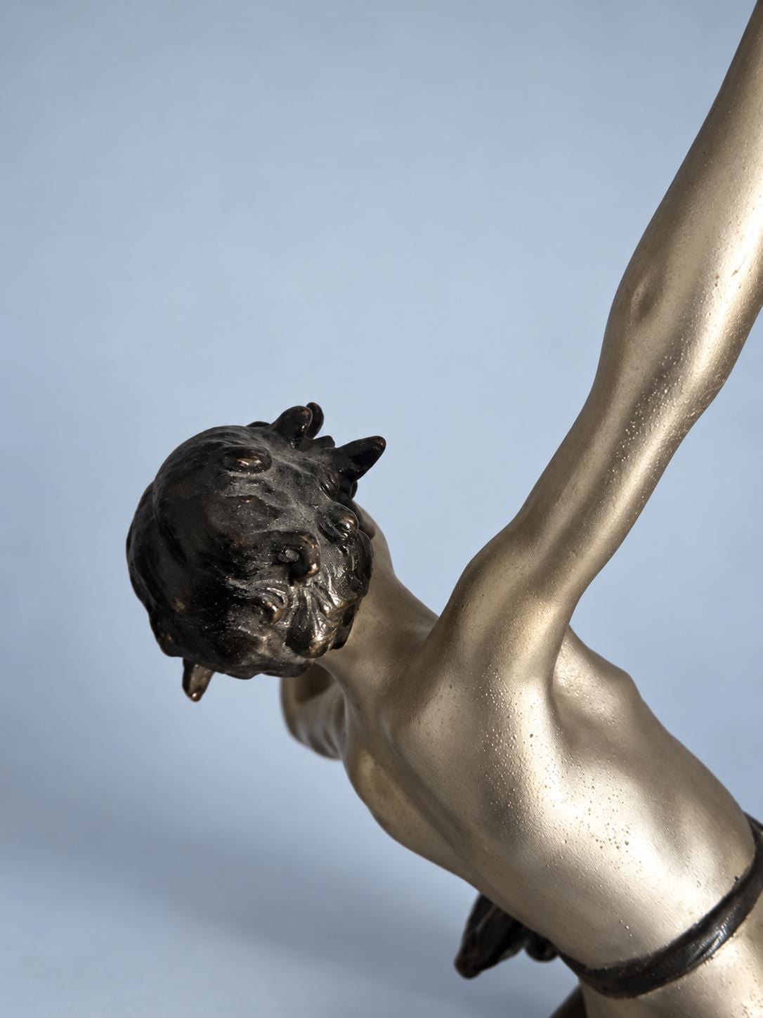 Vintage Art Deco Spelter Sculpture of Pan Playing Pipes with Leaping Goat, Silver and Gold Finish on Onyx and Black Marble Base