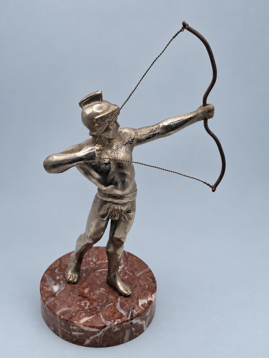 Art Deco Style Archer Statue, Silver-Tone Metal Bowman on Red Stone Base, Vintage
