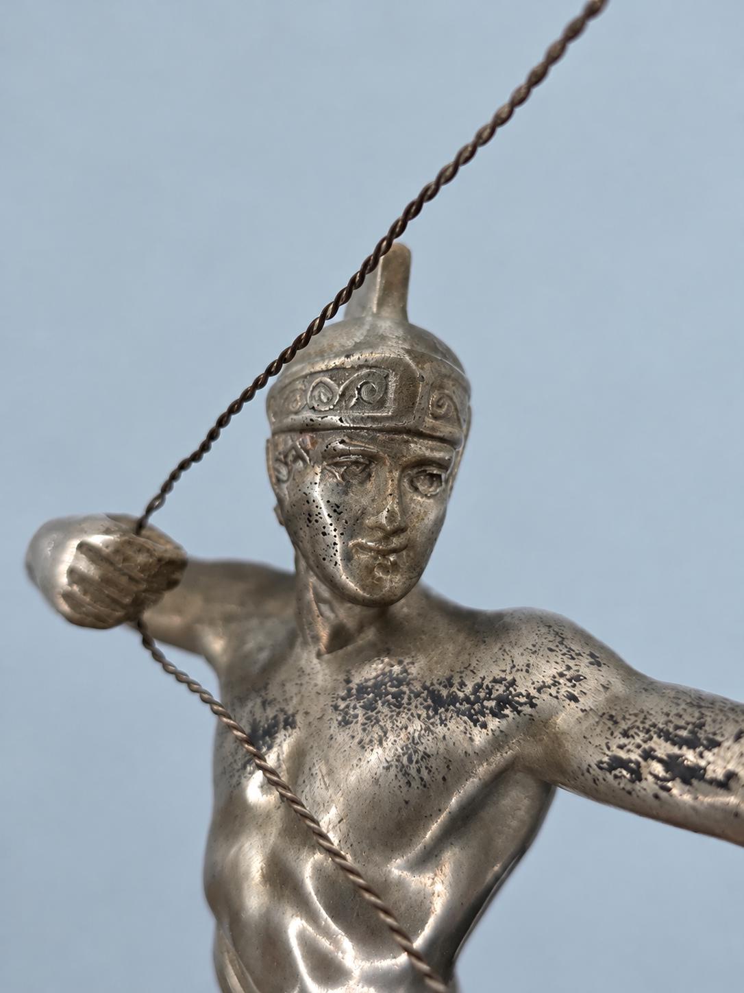 Art Deco Style Archer Statue, Silver-Tone Metal Bowman on Red Stone Base, Vintage