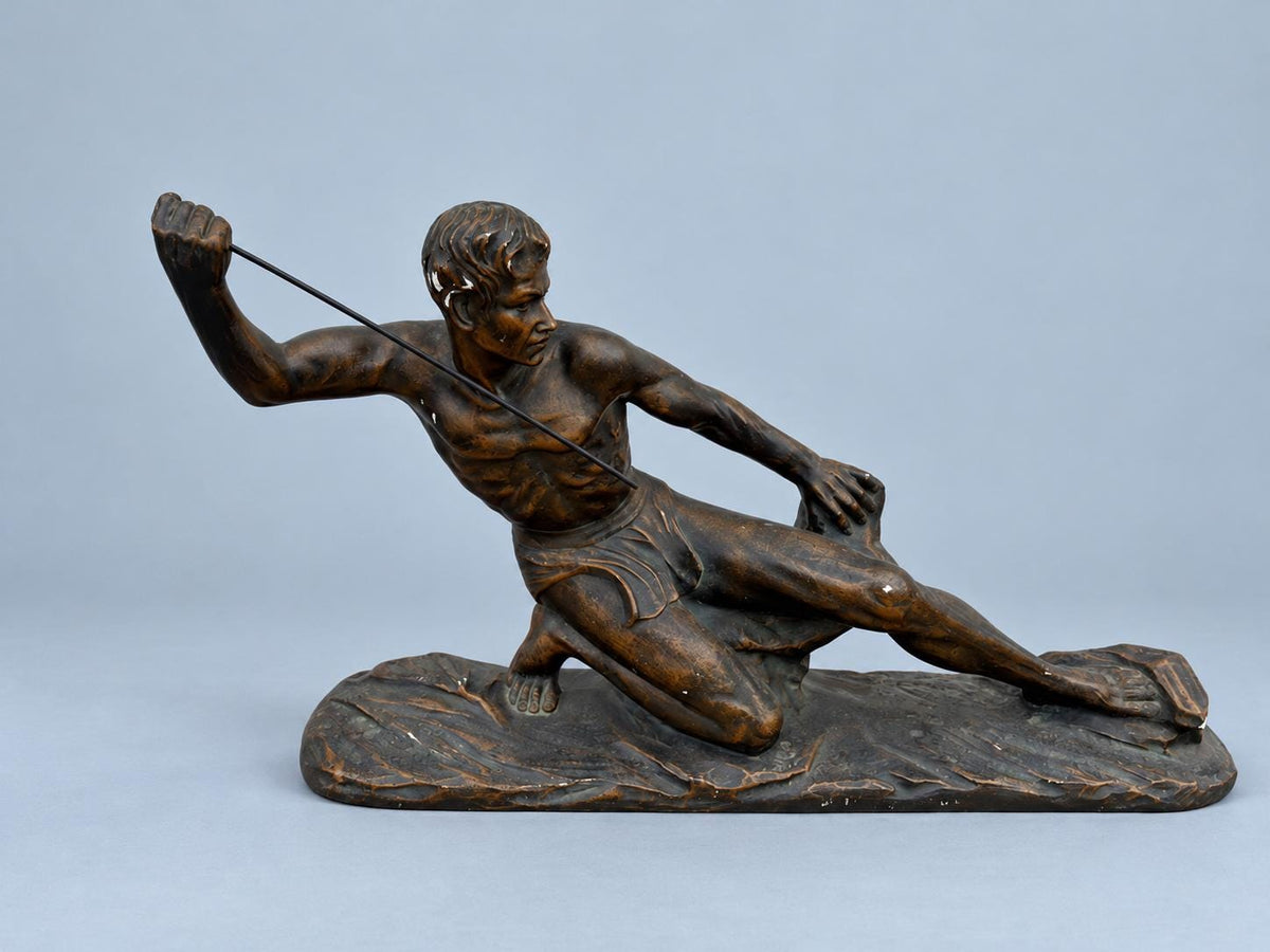 Art Deco Style Plaster Warrior Statue with Spear, Kneeling Figure, Dark Patina, Vintage
