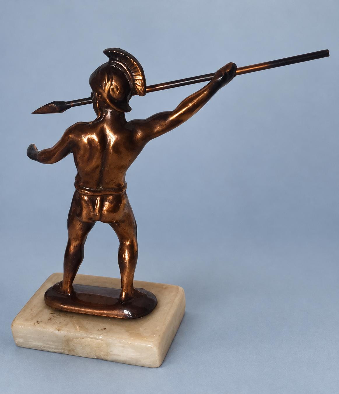 Vintage Copper-Tone Cast Metal Achilles Warrior Statue on Marble Base, Greek Hoplite with Spear and Crested Helmet Sculpture