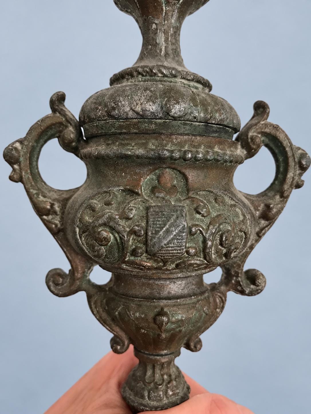 Vintage Napoleon III Style Patinated Metal Candlestick on Red Marble Base with Gilt Feet, Twin-Handled Urn Stem, Mantel Garniture
