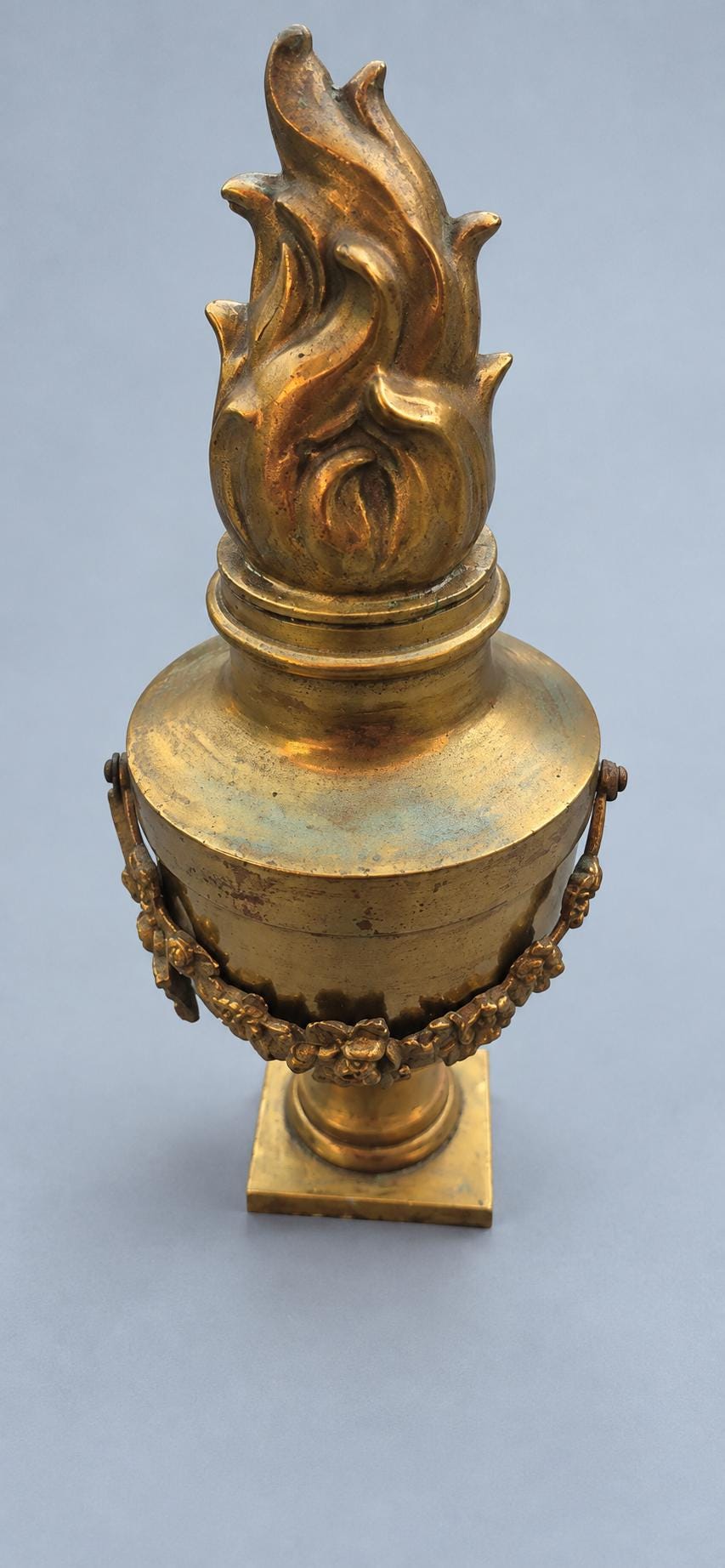 Antique French Louis XVI Style Brass Cassolette Urn with Flame Finial and Rose Garland, Neoclassical Mantel Ornament, Circa 1880–1920