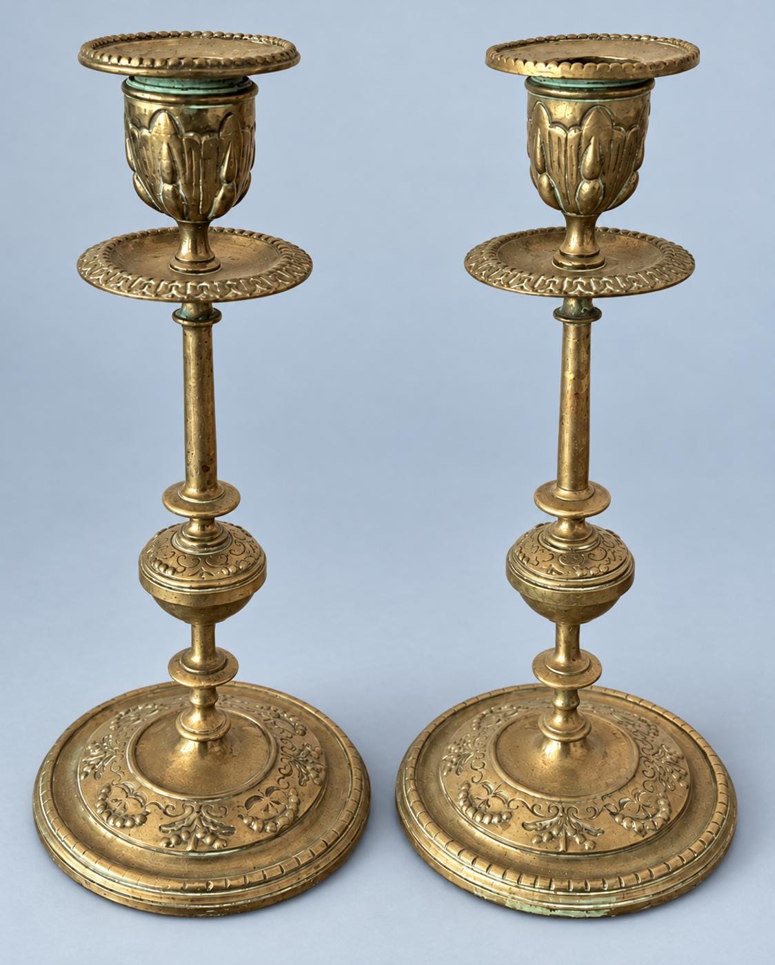 Pair of Vintage Napoleon III Style Bronze Candlesticks with Removable Bobeches, Embossed Garland Bases, Classic Mantel Taper Holders