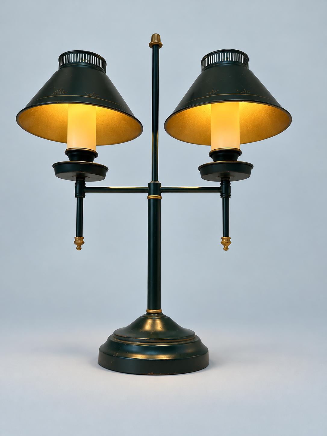 Vintage French Country Green Tole Double Table Lamp, Bouillotte Style Two-Arm Desk Lamp with Metal Shades, Library or Reading Light