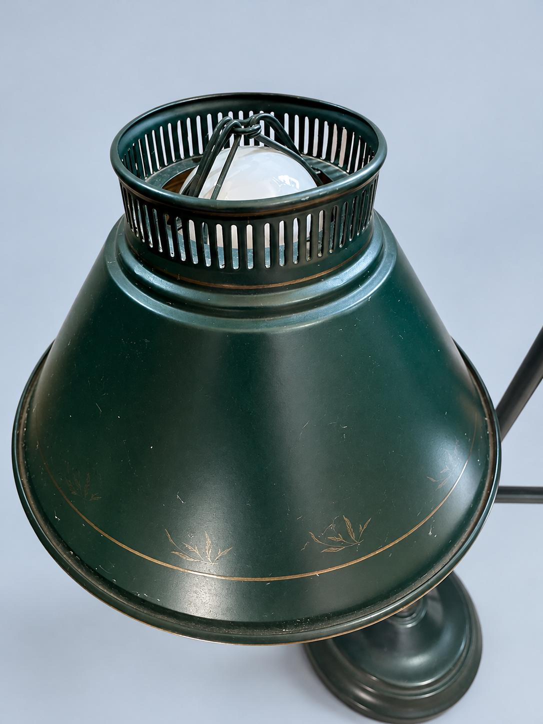 Vintage French Country Green Tole Double Table Lamp, Bouillotte Style Two-Arm Desk Lamp with Metal Shades, Library or Reading Light