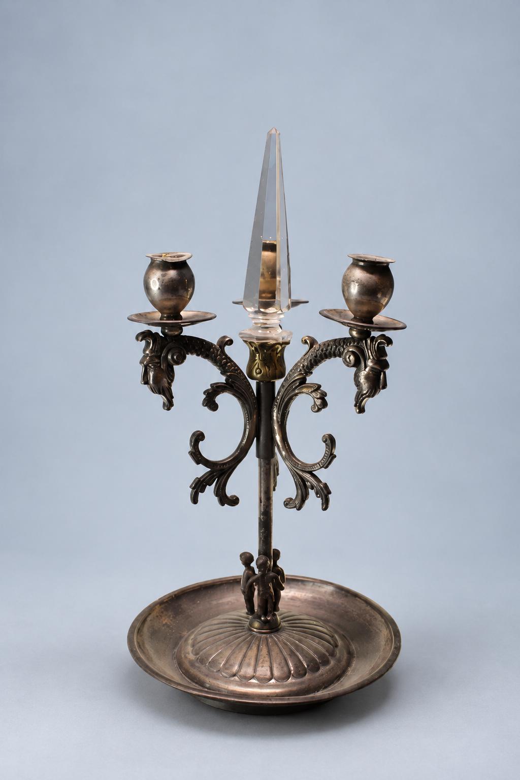 Vintage Three-Light Candelabrum Table Lamp, Silver-Tone Metal with Ram’s Head Scroll Arms, Faceted Glass Centre Spike, Gadrooned Dish Base