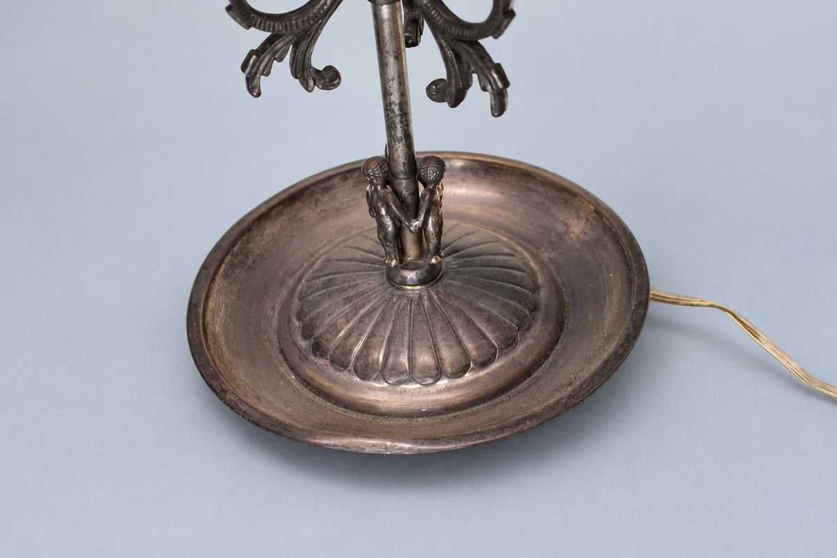 Vintage Three-Light Candelabrum Table Lamp, Silver-Tone Metal with Ram’s Head Scroll Arms, Faceted Glass Centre Spike, Gadrooned Dish Base