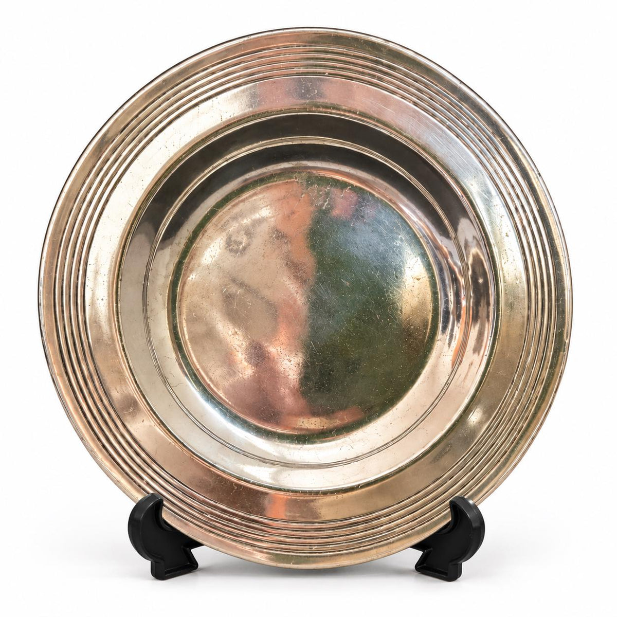 Vintage French Art Deco Style Round Dish, c. 1910–1930, Silver-Tone Metal with Stepped Concentric Rim, Trinket, Soap or Bottle Dish