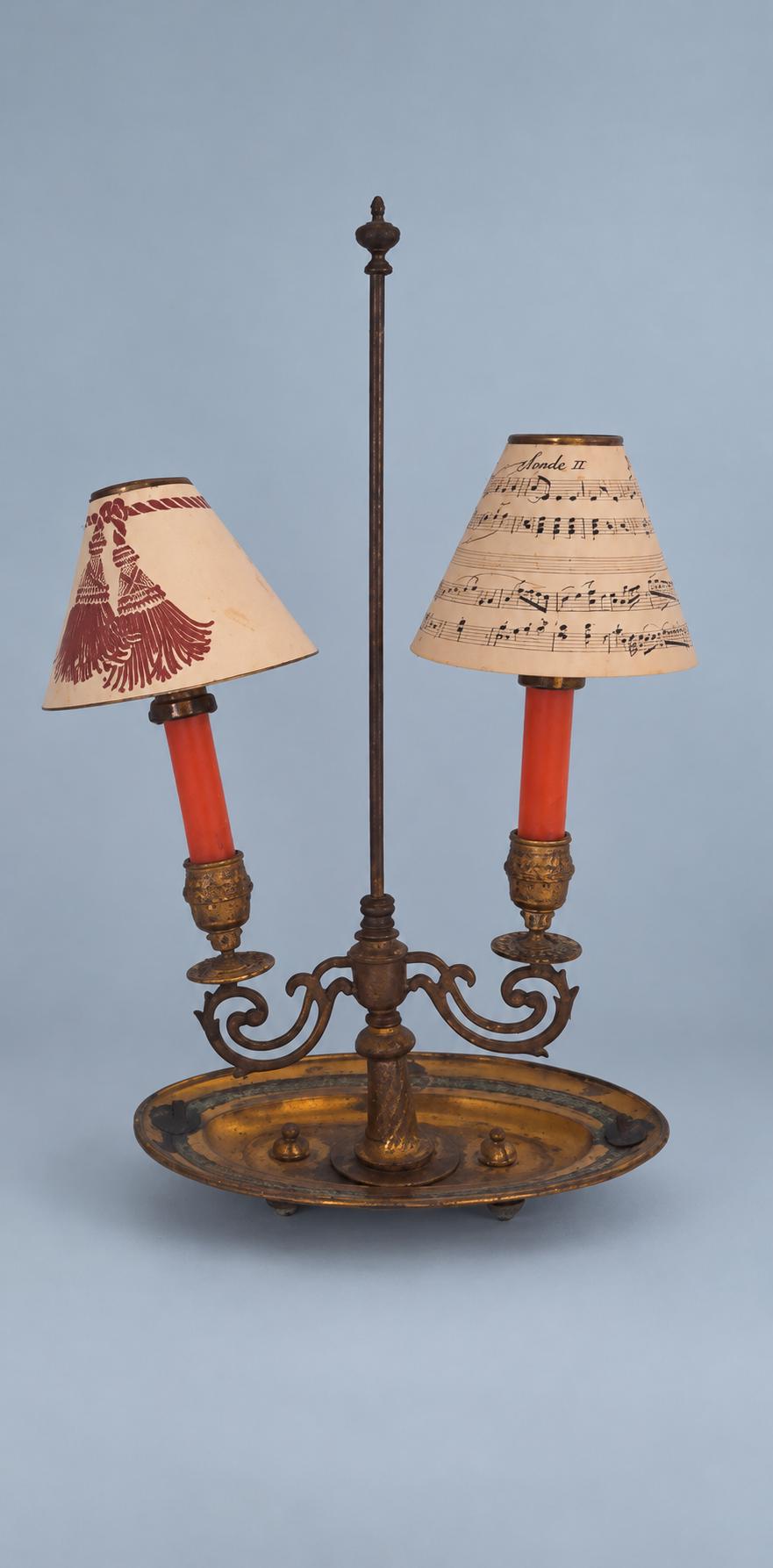 Vintage Bouillotte Style Brass Two-Light Table Lamp with Paper Shades, French Empire Inspired Candle Lamp on Oval Dish Base