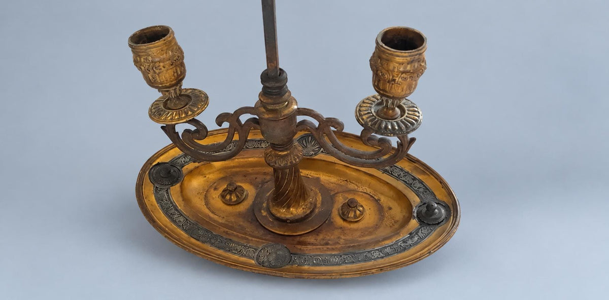Vintage Bouillotte Style Brass Two-Light Table Lamp with Paper Shades, French Empire Inspired Candle Lamp on Oval Dish Base