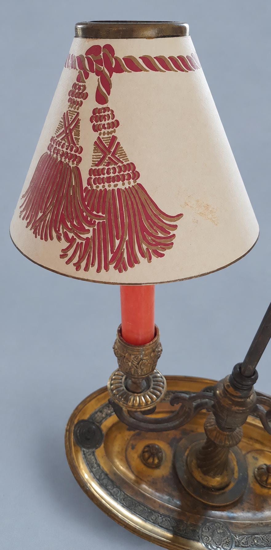 Vintage Bouillotte Style Brass Two-Light Table Lamp with Paper Shades, French Empire Inspired Candle Lamp on Oval Dish Base