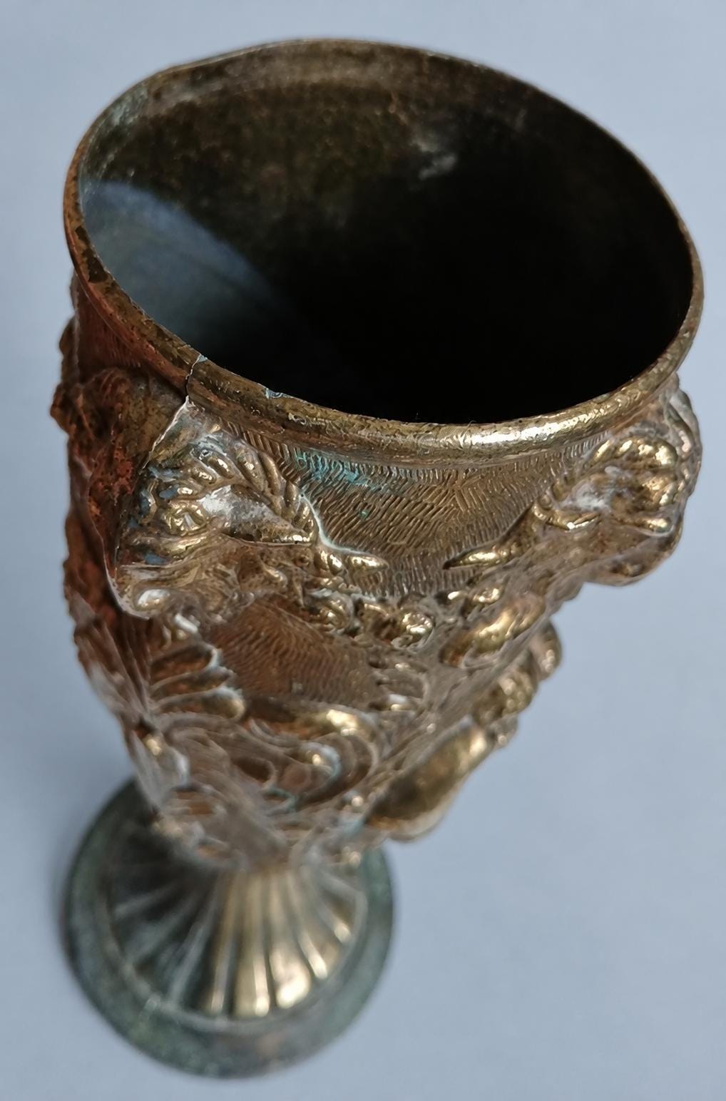 Vintage Repoussé Metal Chalice Vase with Rams’ Heads and Cherubs, Baroque Revival Embossed Goblet, Curiosity Cabinet Decor