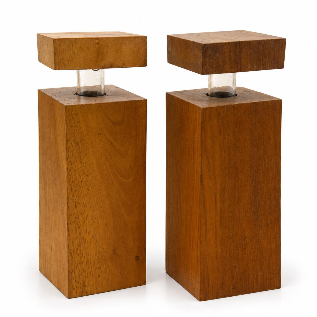 Vintage Pair of Wooden-Bodied Decanters with Glass Pouring Necks and Square Stoppers, Minimalist Barware, Lausanne Inscription, 27 cm