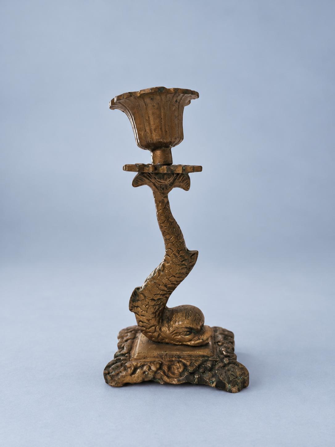 Vintage Metal Dolphin Candlestick, Empire Style Figural Fish Taper Holder with Tulip Cup, Nautical Mantel or Coastal Decor