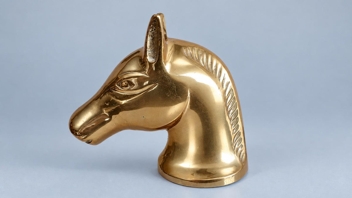 Vintage Brass Horse Head Bottle Opener, Polished Equestrian Bar Tool and Desk Sculpture, Classic Barware Gift for Horse Lovers