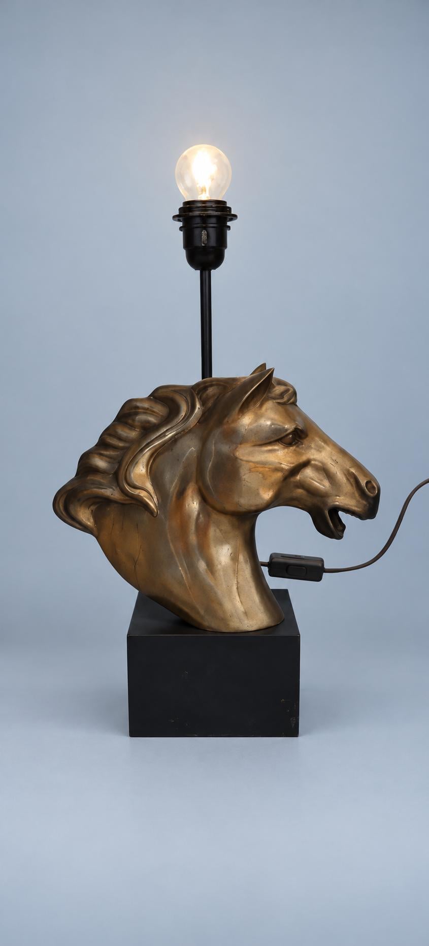 Vintage 1980s Brass Horse Head Table Lamp on Black Base, Hollywood Regency Sculptural Stallion Lamp, Equestrian Statement Light