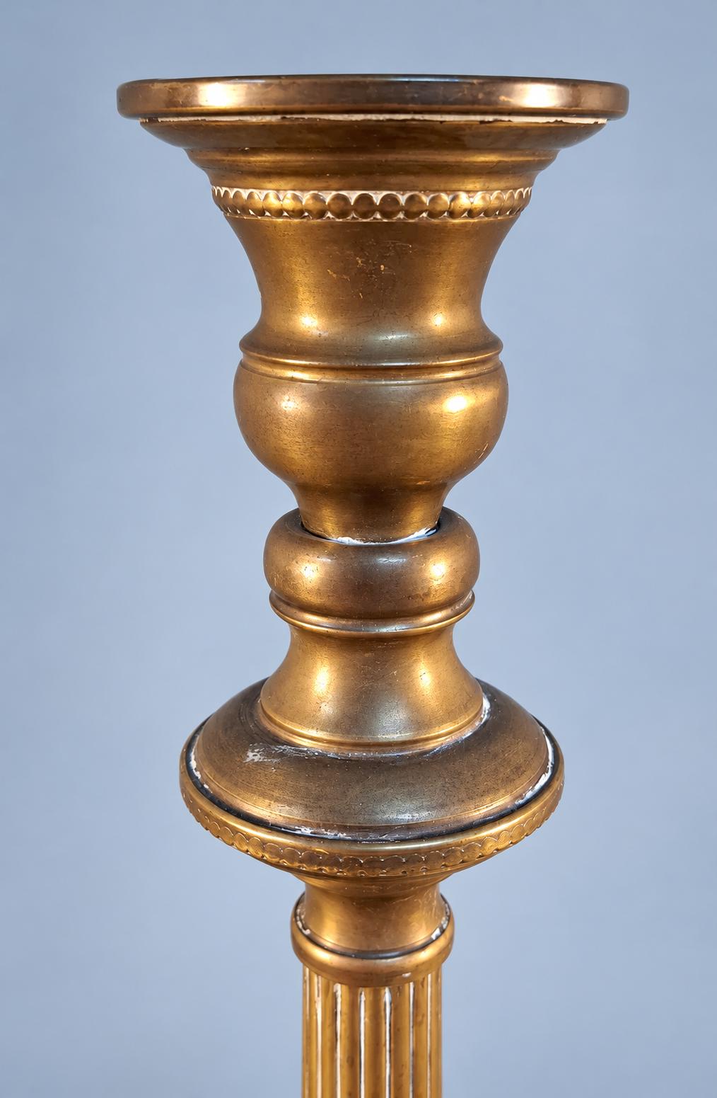 Brass Neoclassical Candlestick with Fluted Column and Beaded Base, Louis XVI Style, Vintage