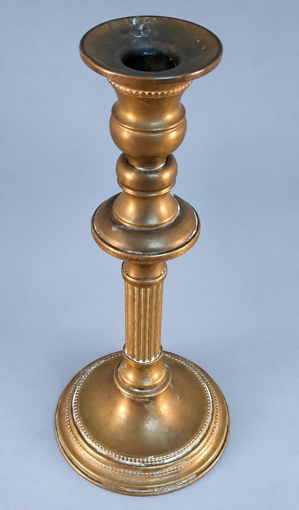 Brass Neoclassical Candlestick with Fluted Column and Beaded Base, Louis XVI Style, Vintage