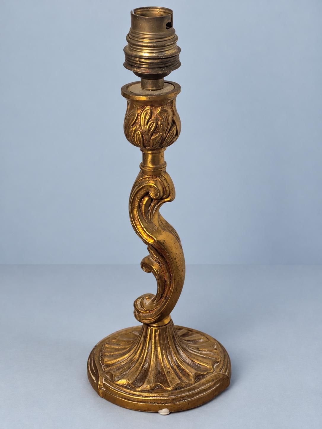 Vintage Louis XV Style Gilt Brass Table Lamp Base, Rococo Scroll Candlestick Form with Shell Foot, Small Bedside or Desk Lamp