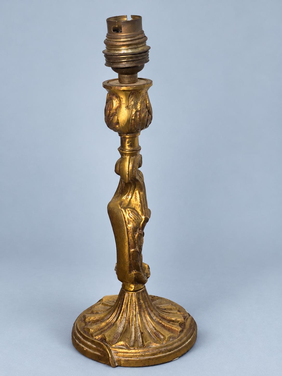 Vintage Louis XV Style Gilt Brass Table Lamp Base, Rococo Scroll Candlestick Form with Shell Foot, Small Bedside or Desk Lamp