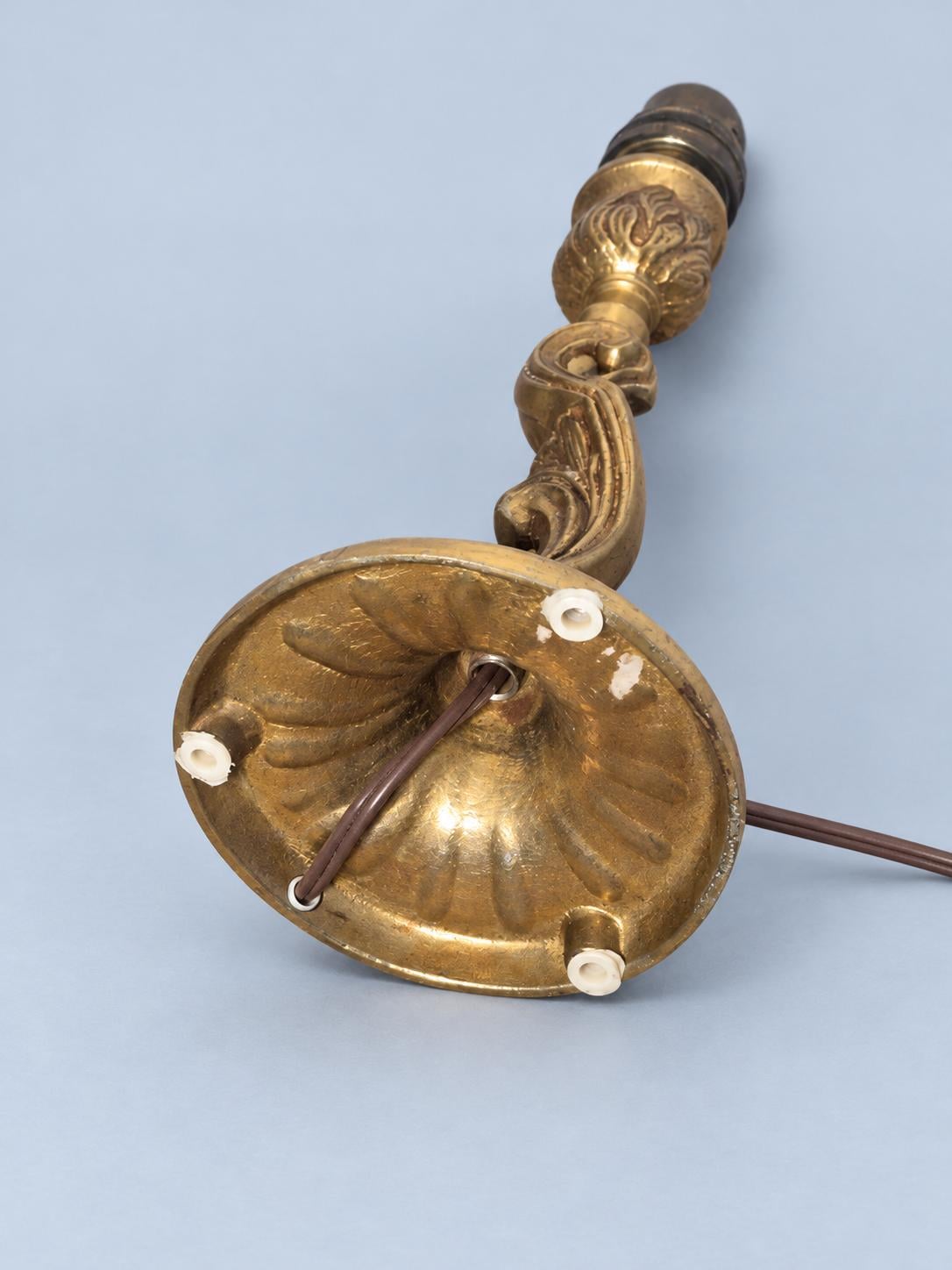 Vintage Louis XV Style Gilt Brass Table Lamp Base, Rococo Scroll Candlestick Form with Shell Foot, Small Bedside or Desk Lamp