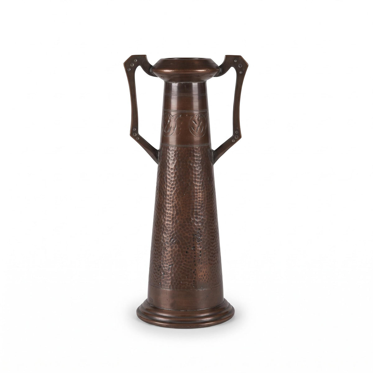 Vintage Art Nouveau Style Hammered Copper-Tone Vase with Angular Riveted Handles, Tall Tapering Form on Stepped Foot
