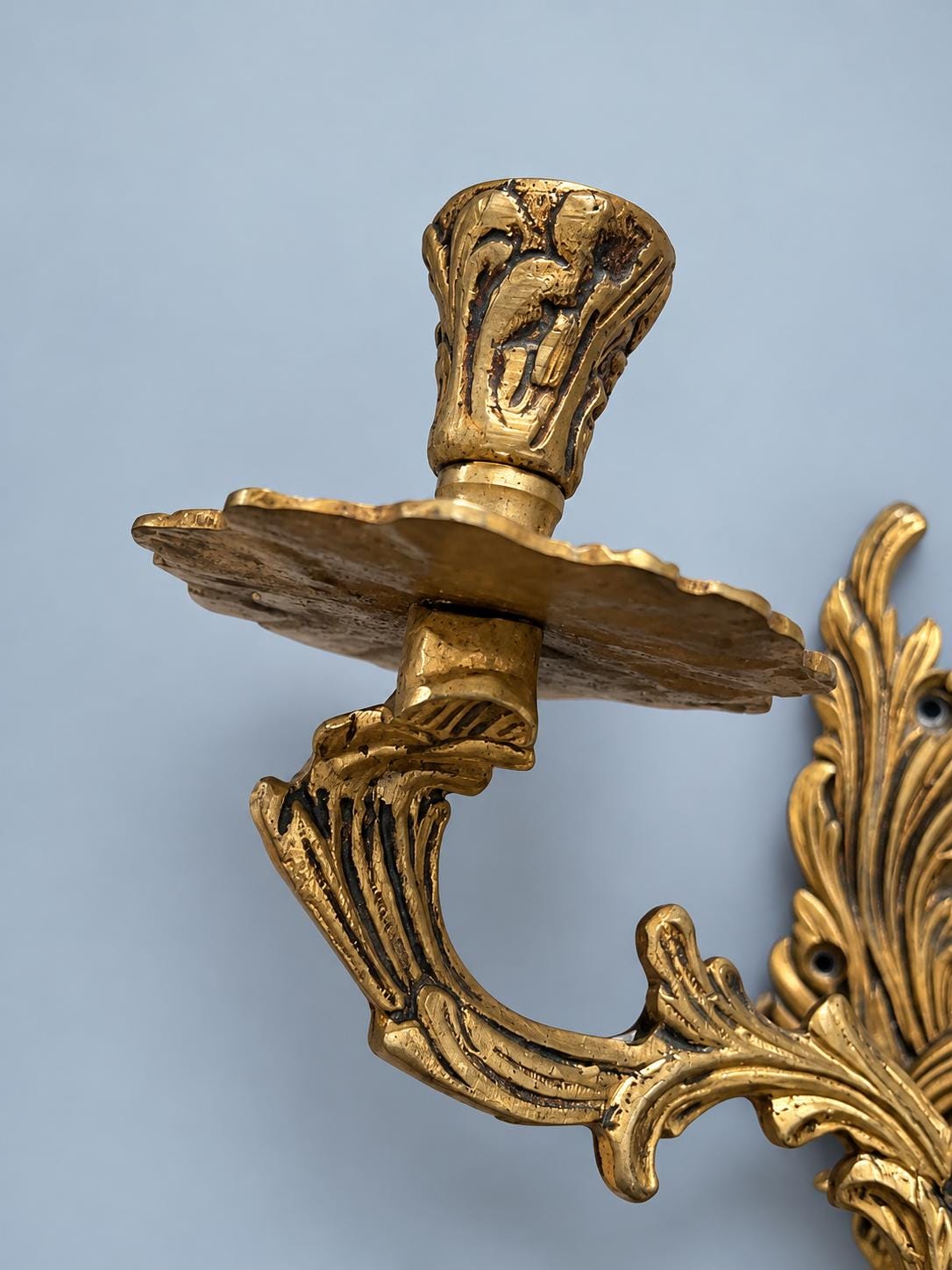 Pair of Vintage Louis XV Style Gold-Tone Metal Two-Arm Candle Wall Sconces, Rococo Scroll and Rosette Design, Old World Decor