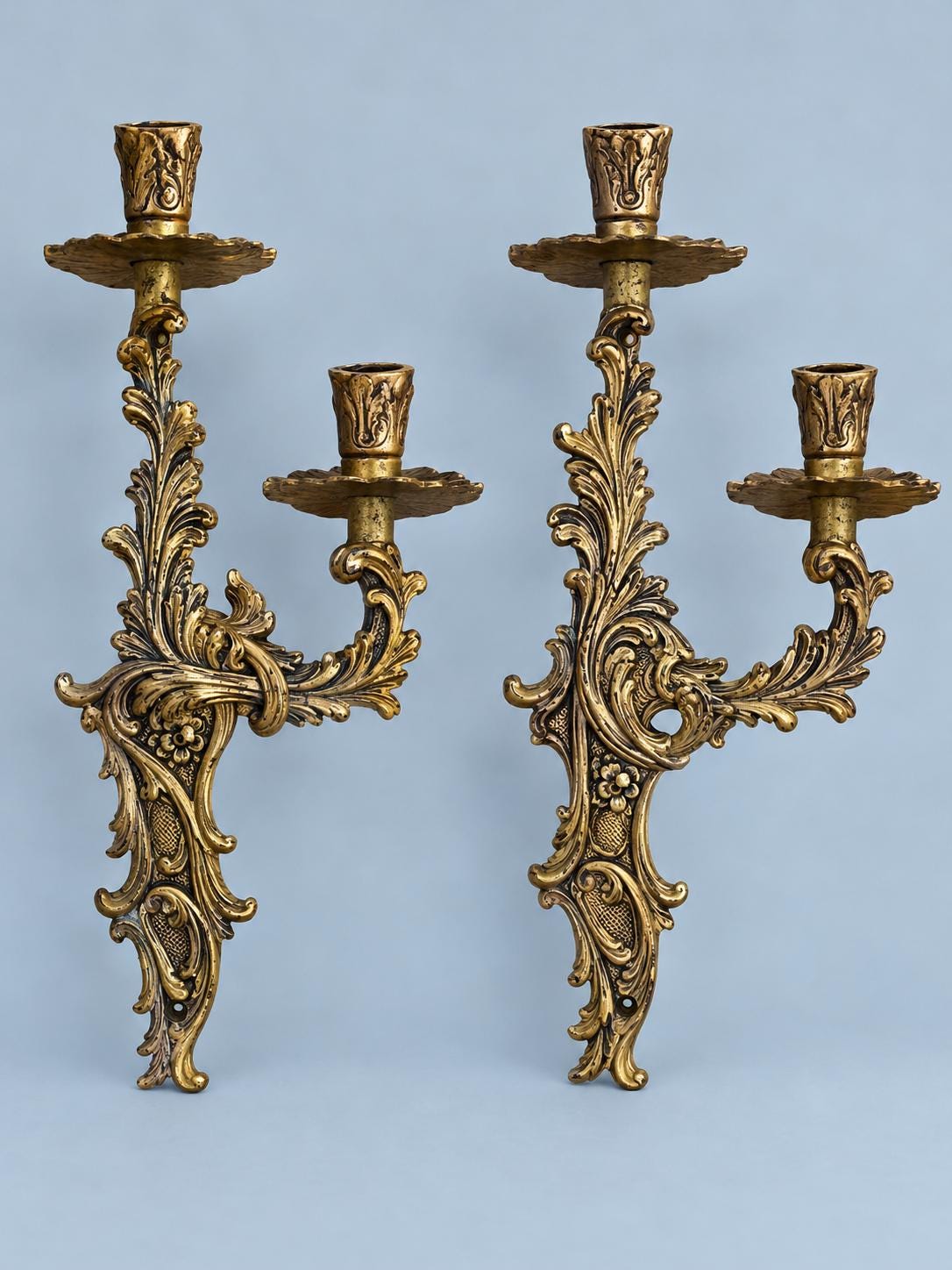 Pair of Vintage Louis XV Style Gold-Tone Metal Two-Arm Candle Wall Sconces, Rococo Scroll and Rosette Design, Old World Decor