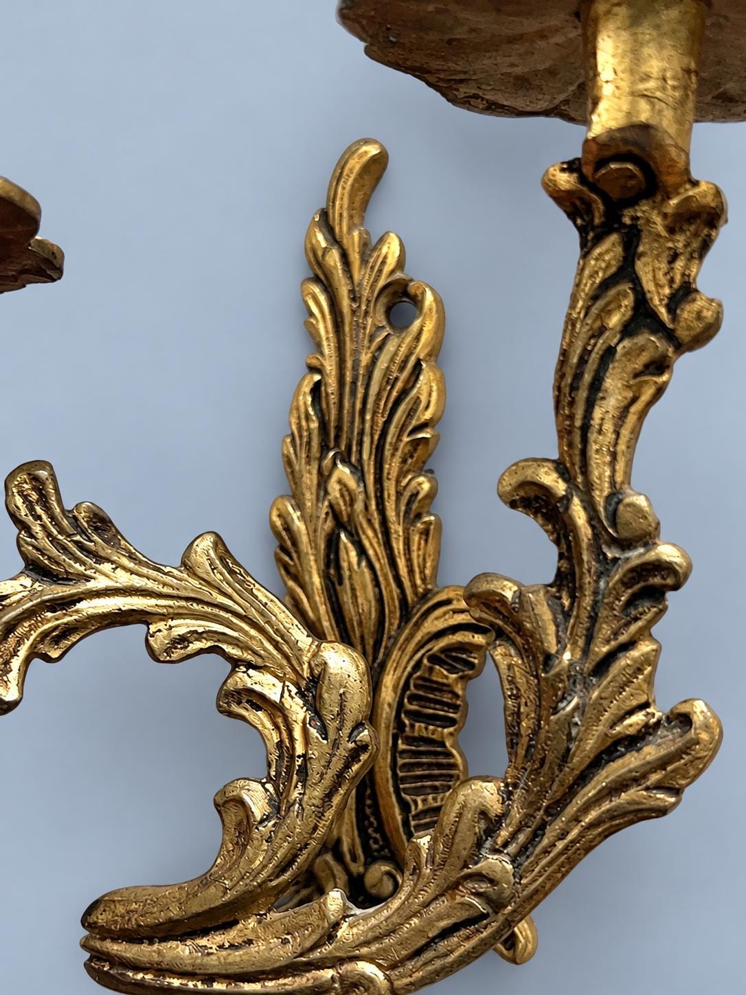 Pair of Vintage Louis XV Style Gold-Tone Metal Two-Arm Candle Wall Sconces, Rococo Scroll and Rosette Design, Old World Decor