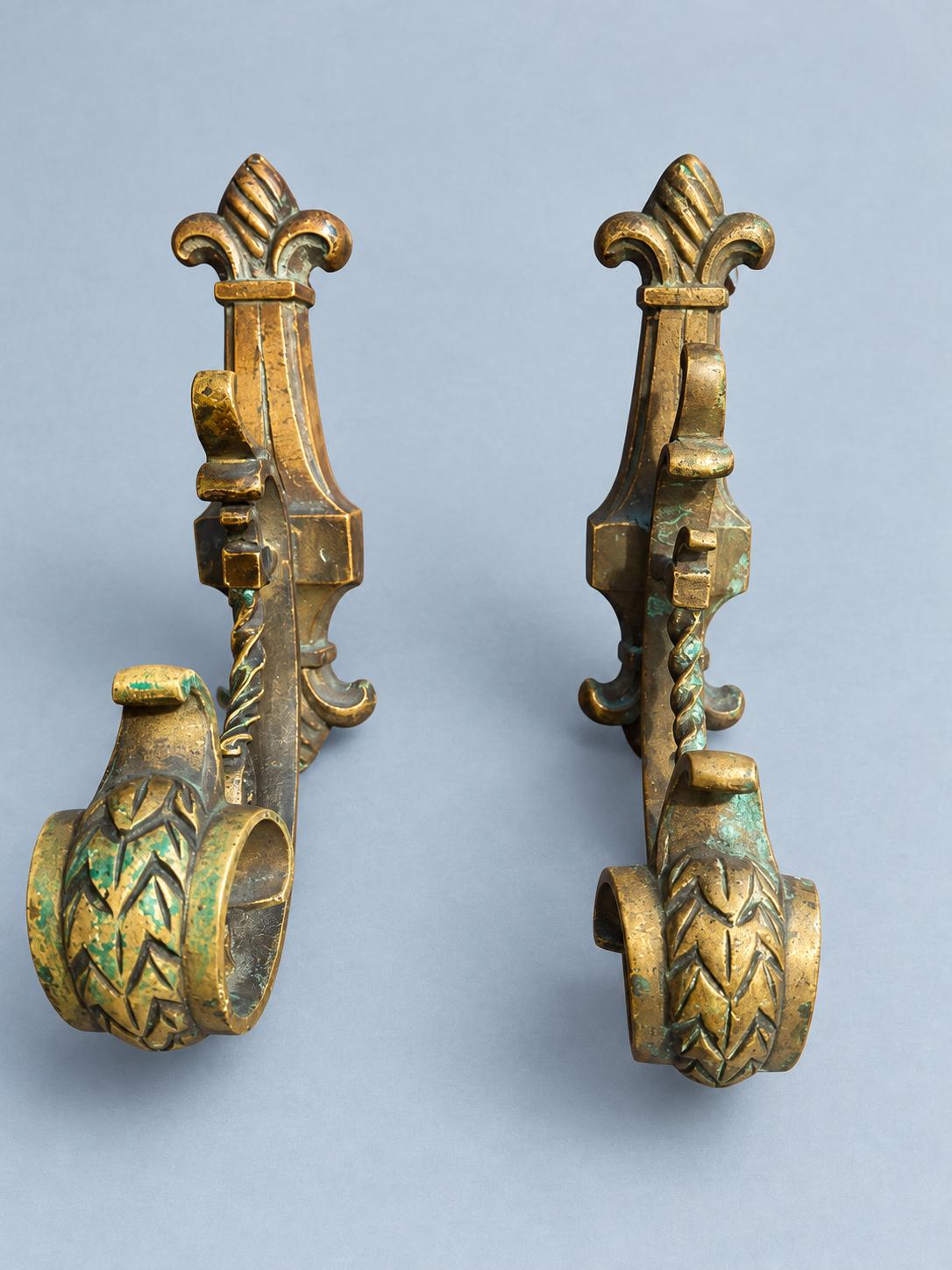 Pair of Vintage Bronze or Brass Curtain Tiebacks with Fleur-de-Lis Crest, Laurel Leaf Holdback Hooks, Classic Drapery Hardware
