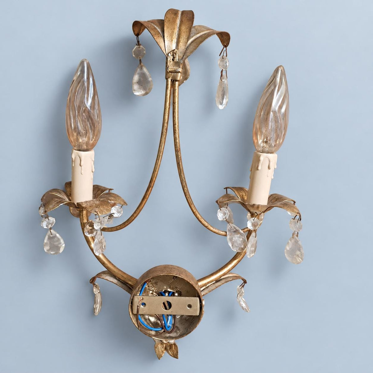 Pair of Vintage Gilt Metal Two-Arm Wall Sconces with Clear Drops, Tole Style Leaf Design, Hollywood Regency Candle Lights