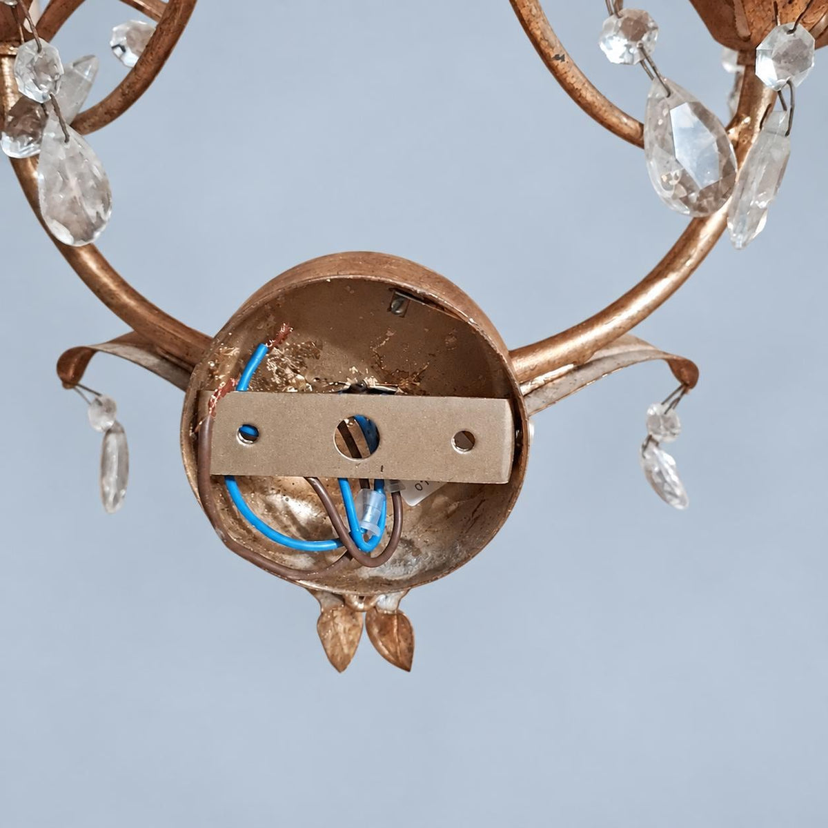 Pair of Vintage Gilt Metal Two-Arm Wall Sconces with Clear Drops, Tole Style Leaf Design, Hollywood Regency Candle Lights