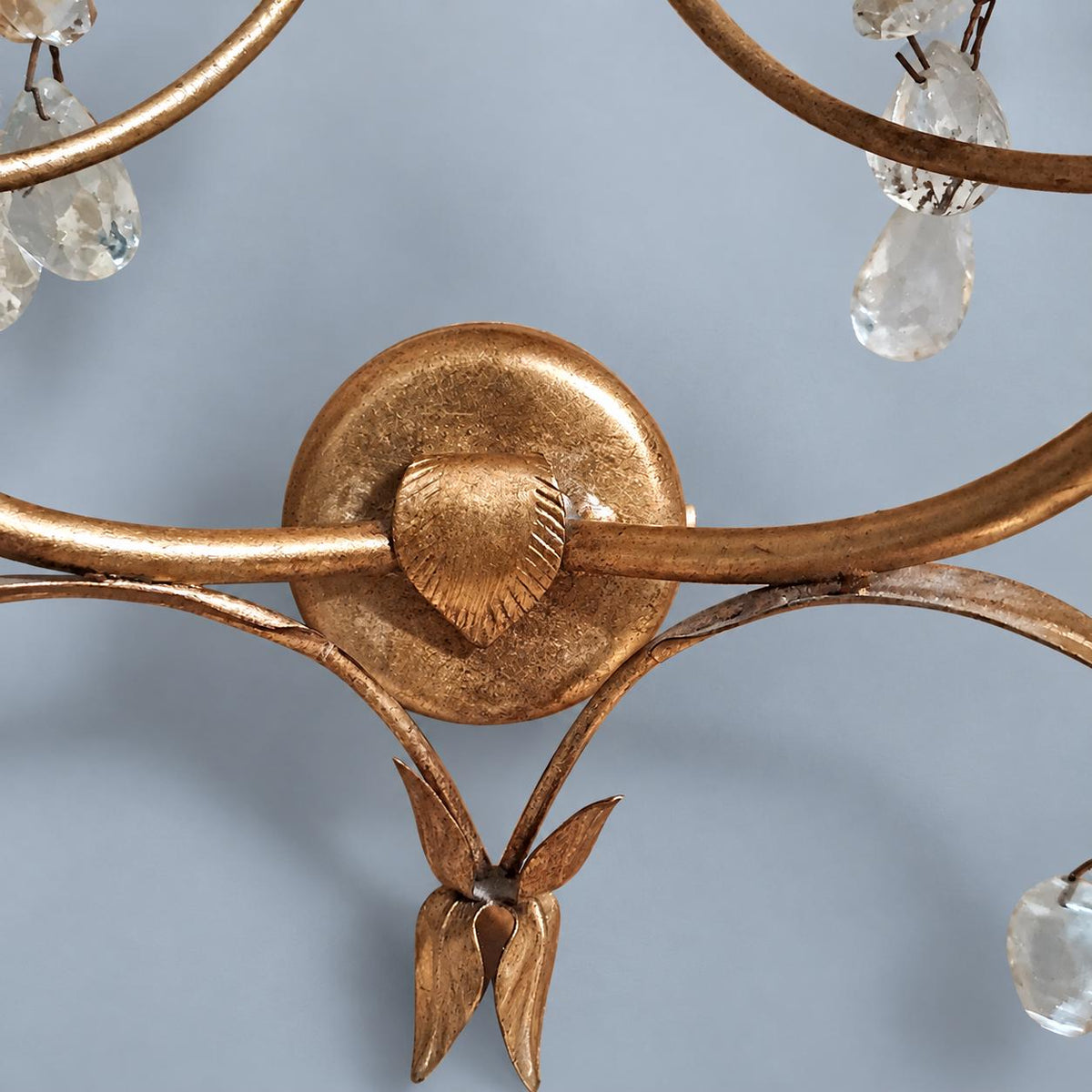 Pair of Vintage Gilt Metal Two-Arm Wall Sconces with Clear Drops, Tole Style Leaf Design, Hollywood Regency Candle Lights