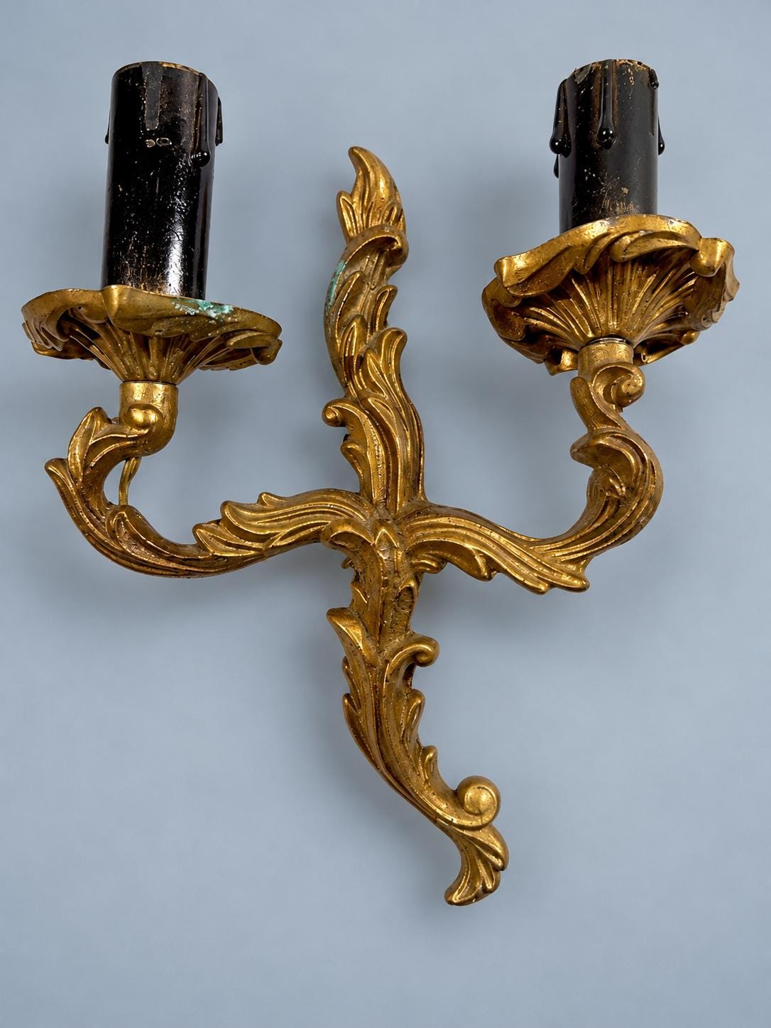 Pair of Vintage Louis XV Style Gilt Bronze Two-Arm Wall Sconces, Rococo Acanthus Scroll Lights with Black Candle Sleeves