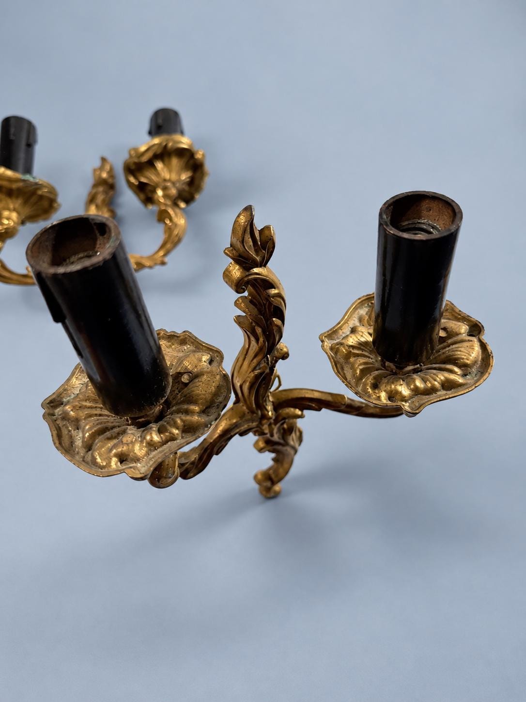 Pair of Vintage Louis XV Style Gilt Bronze Two-Arm Wall Sconces, Rococo Acanthus Scroll Lights with Black Candle Sleeves