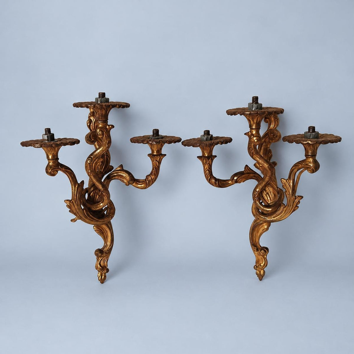Pair of Vintage Louis XV Style Three-Arm Wall Sconces, Gilt Bronze Finish Rococo Rocaille Candle Lights with Entwined Arms
