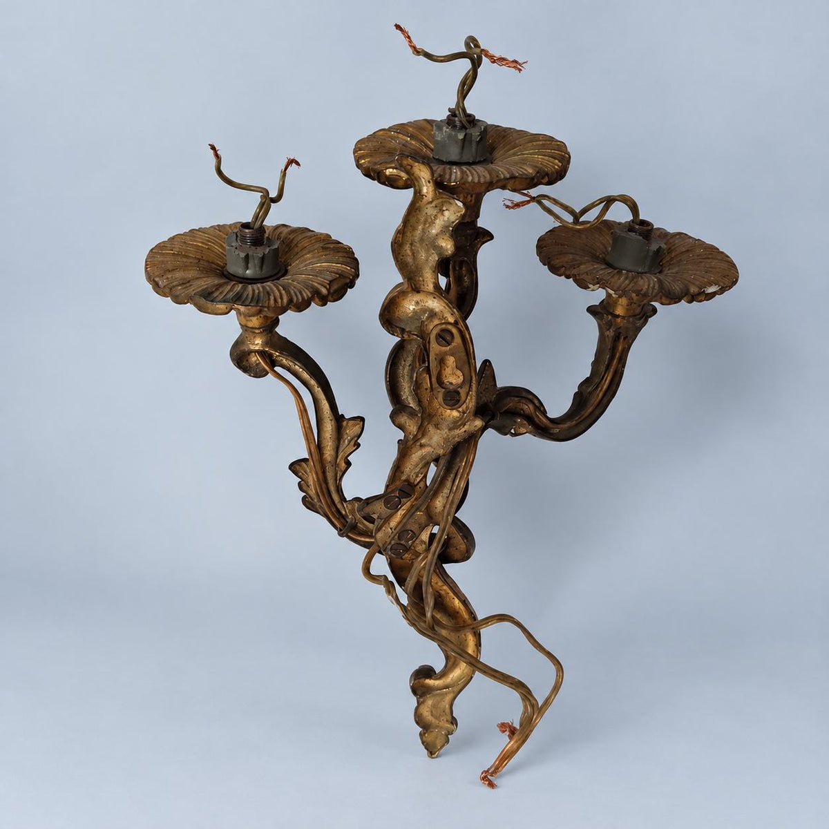 Pair of Vintage Louis XV Style Three-Arm Wall Sconces, Gilt Bronze Finish Rococo Rocaille Candle Lights with Entwined Arms