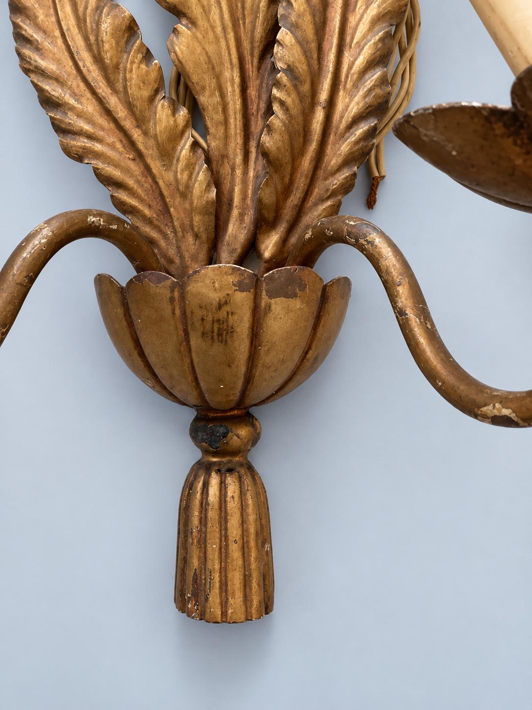 Pair of Vintage 1950s Venetian Style Gilt Metal Wall Sconces, Two-Arm Feather Leaf and Tassel Design, Hollywood Regency Candle Lights
