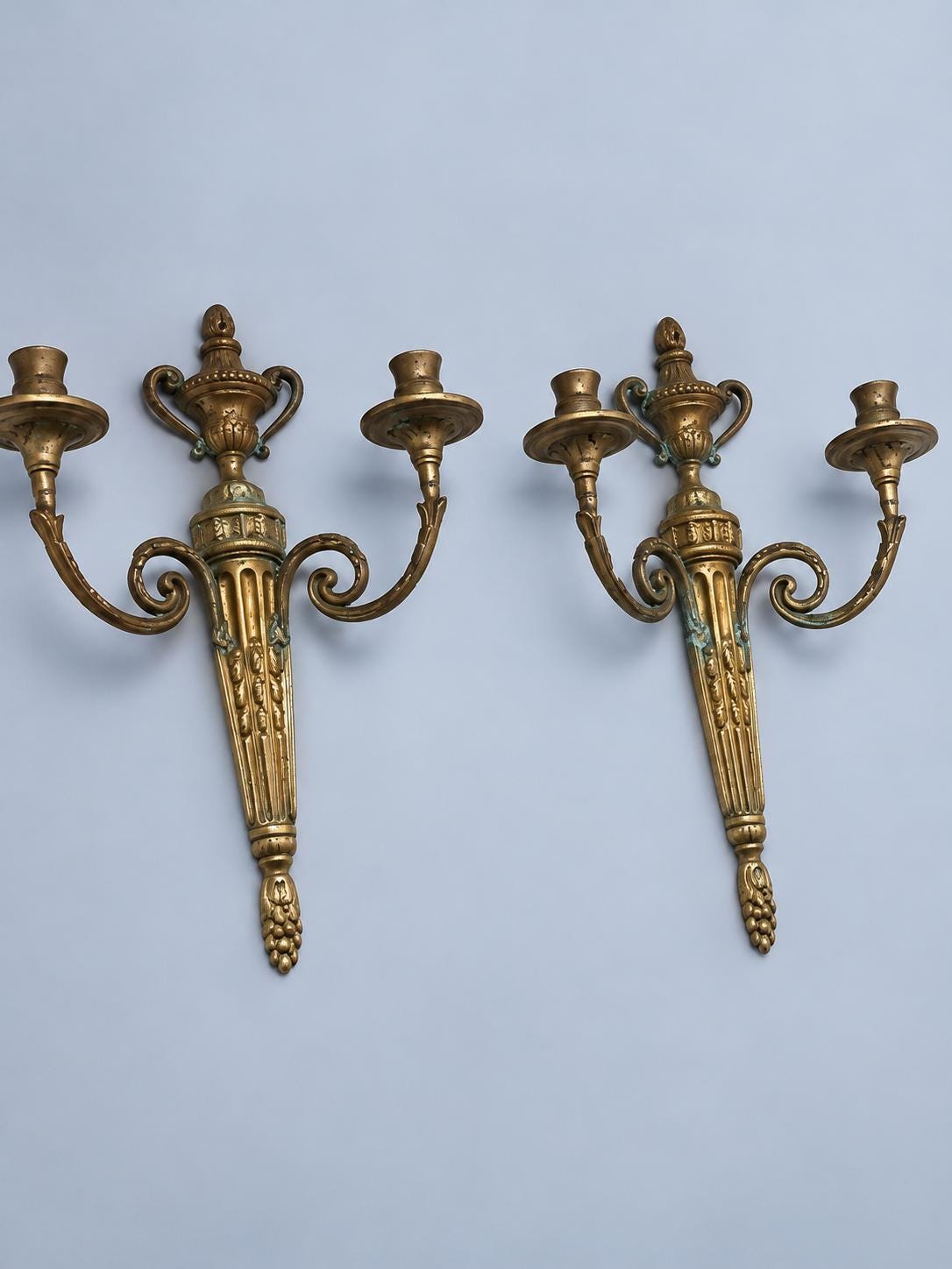Pair of Vintage Louis XVI Style Bronze Two-Arm Candle Wall Sconces, Neoclassical Urn and Fluted Pilaster Design, Hallway Decor