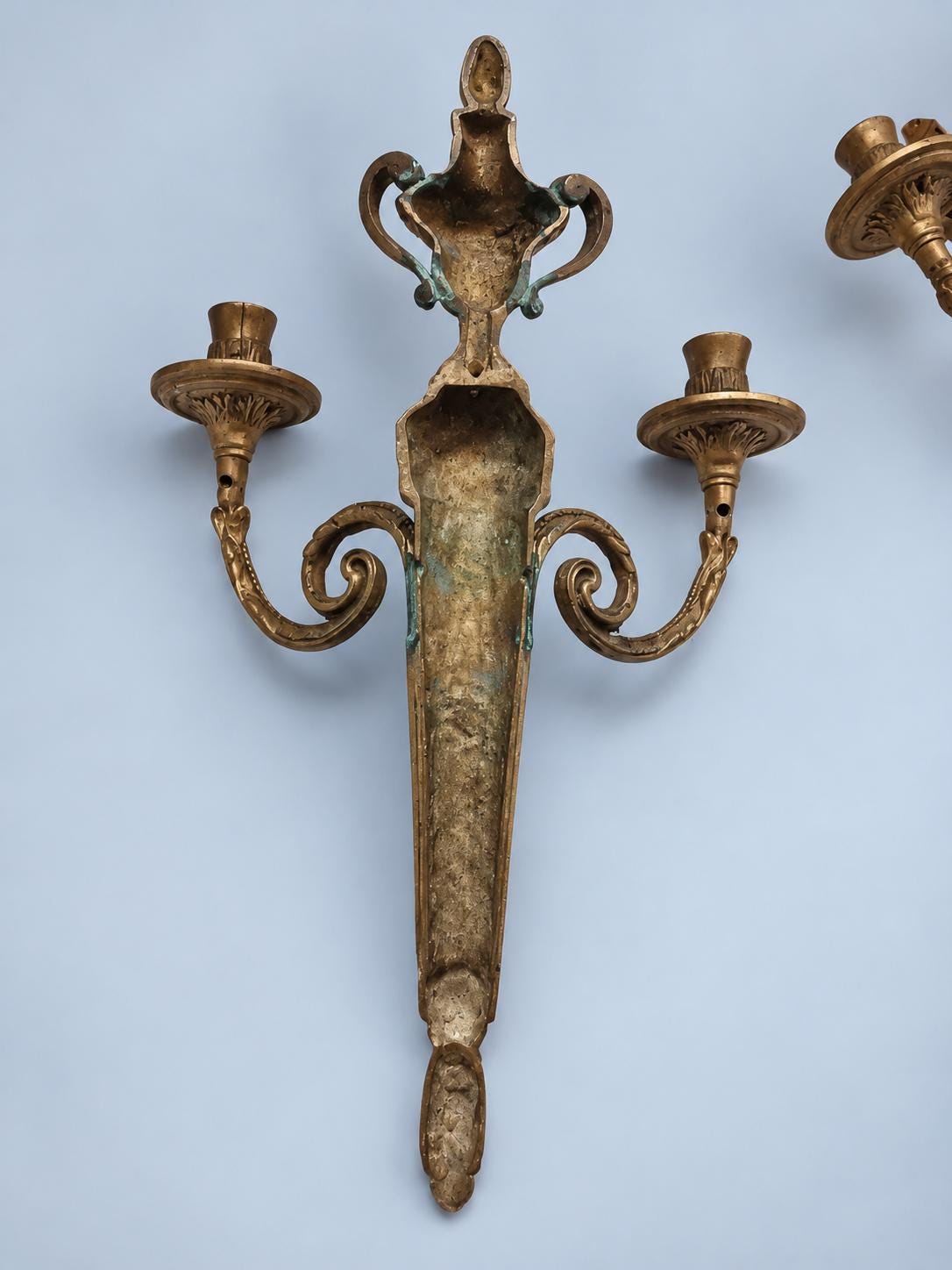 Pair of Vintage Louis XVI Style Bronze Two-Arm Candle Wall Sconces, Neoclassical Urn and Fluted Pilaster Design, Hallway Decor
