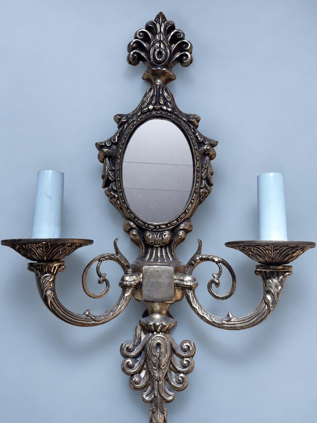 Pair of Vintage Bronze Two-Arm Wall Sconces with Oval Mirrors, Ornate Baroque Style Candle Lights for Hallway, Bedroom or Entryway