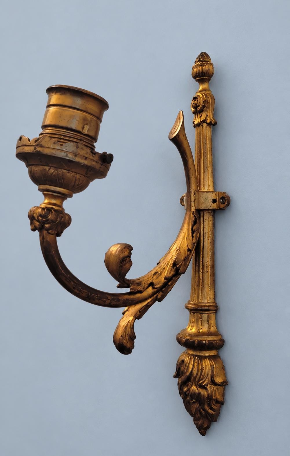 Vintage Pair of Gilt Metal Louis XVI Style Torch Wall Sconces, Single-Light with Laurel Garland and Curved Arm
