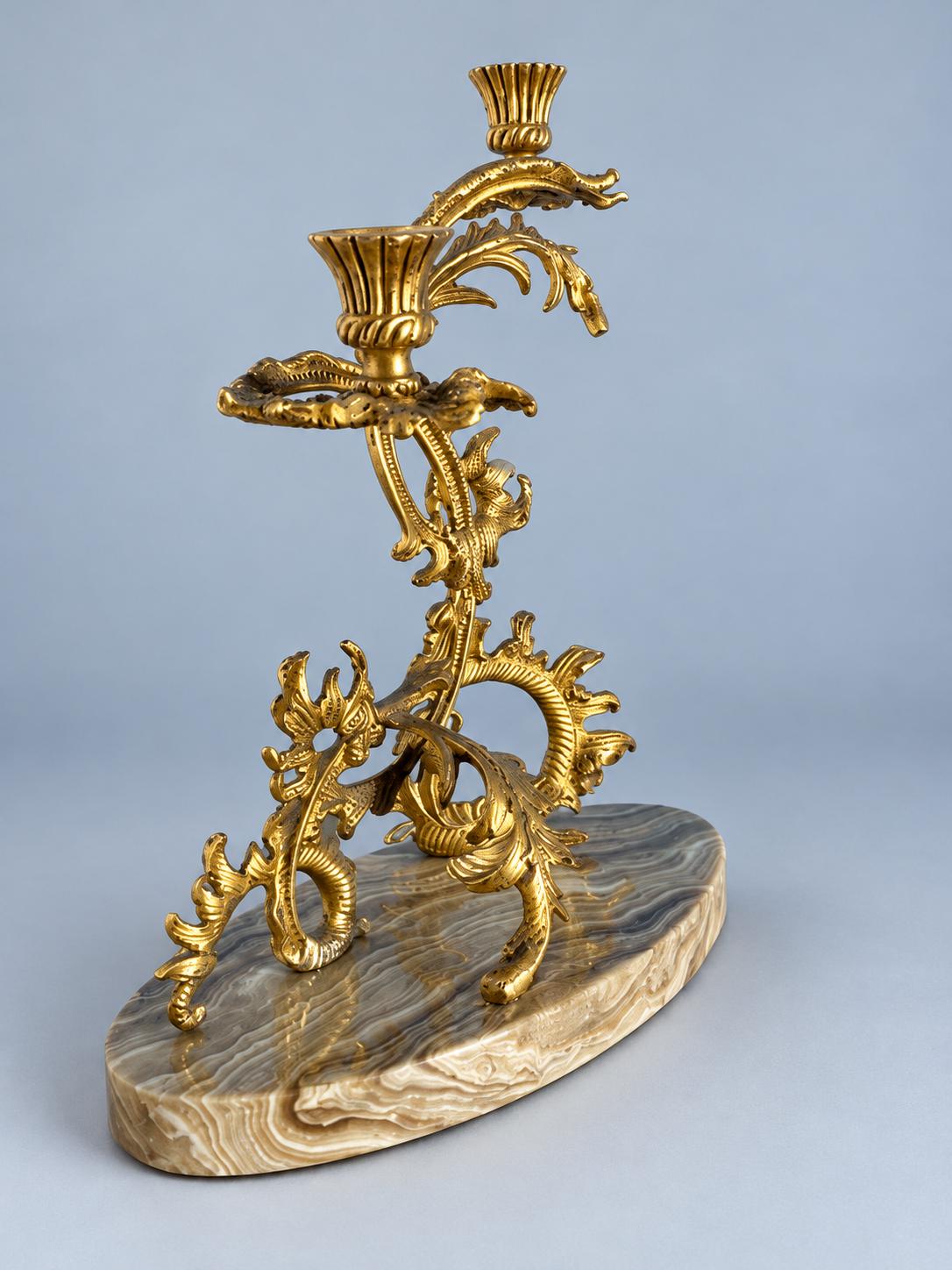 Vintage Pair of Gilt Metal Rococo Two-Light Candelabra on Marble Bases, Mirrored Acanthus Scroll Design